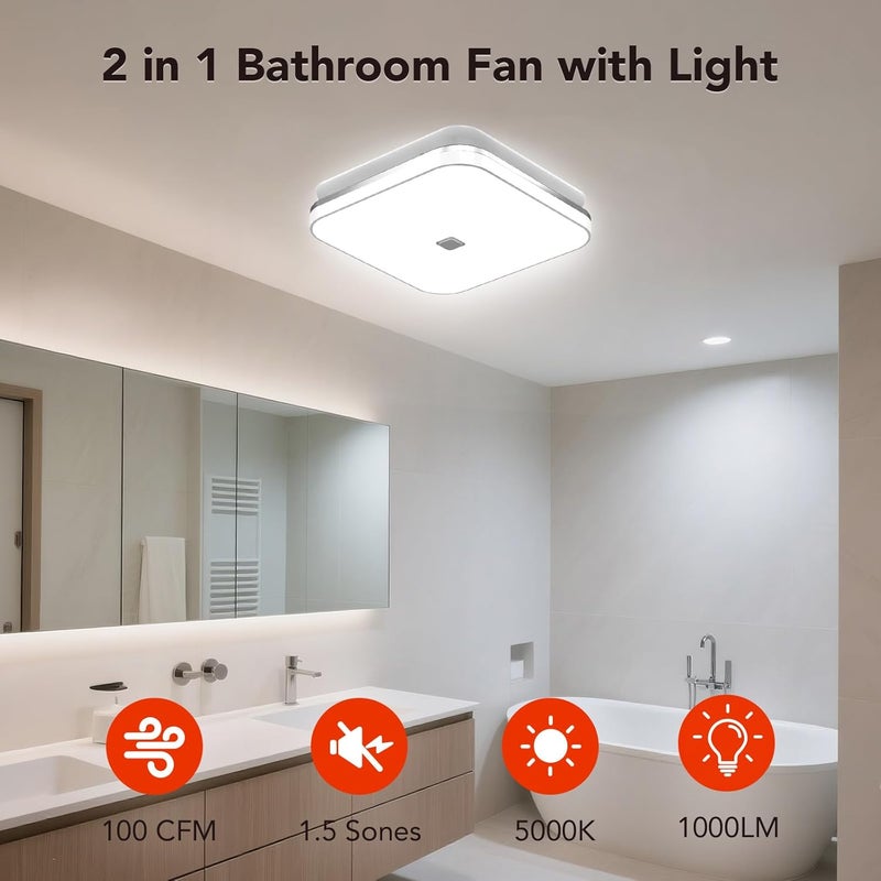 OREiN 2-in-1 Bathroom Exhaust Fan with Light, 100 CFM Bathroom Fan Light, 1.5 Sones Quiet Ventilation Fan Combo for Shower, Energy Star Certified, HVI/FCC/ETL Listed, Ceiling Cut-Out 8.11" x 7.48" - Image 3